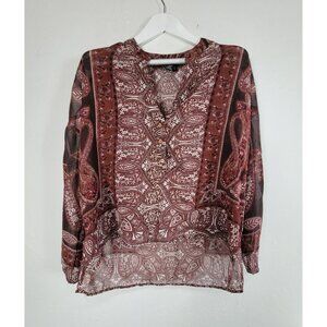 Angie Womens Boho Paisley Floral Semi-Sheer Blouse Small Brown Red Hi-Low Hem